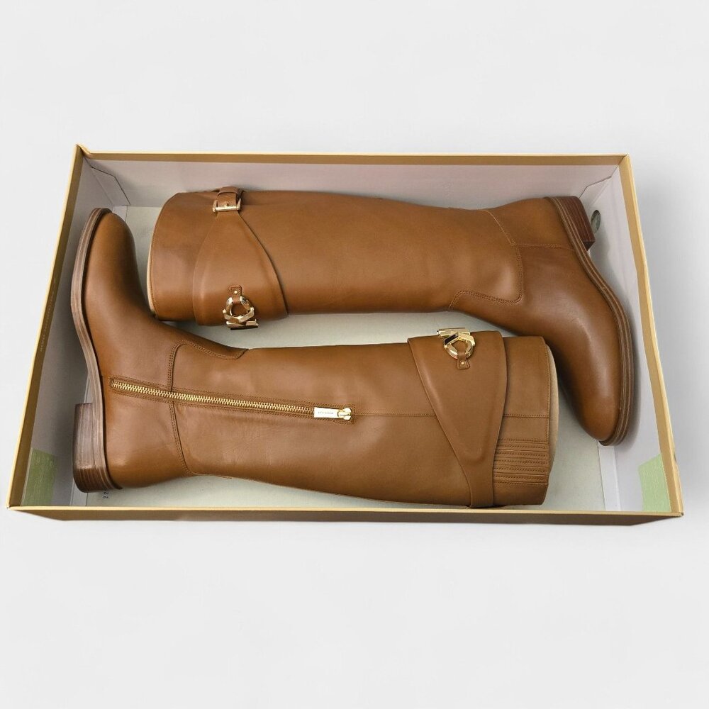 Michael Kors Izzy Tall Leather Riding Boots Luggage Tan Logo 9.5M Equestrian NWB - Picture 12 of 15